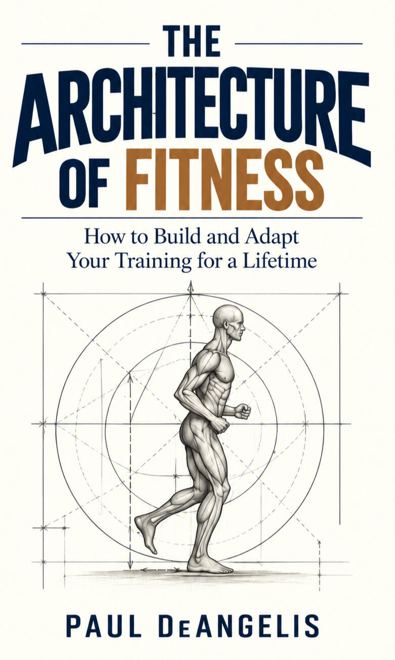 The Architecture of Fitness book cover by Paul DeAngelis, featuring an anatomical illustration of a runner