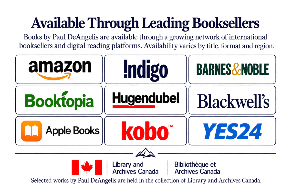 Logos of Amazon, Indigo, Barnes & Noble, Apple Books, Kobo, Waterstones, and Library and Archives Canada, representing book availability and national archival preservation.
